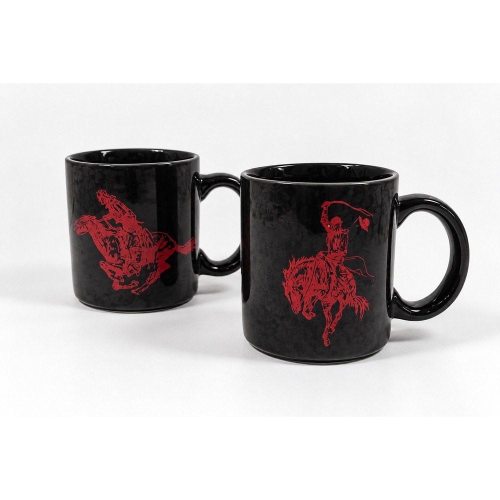 Western Vintage Marlboro Cowboy Mugs Set of 2 Black Red Made in Taiwan